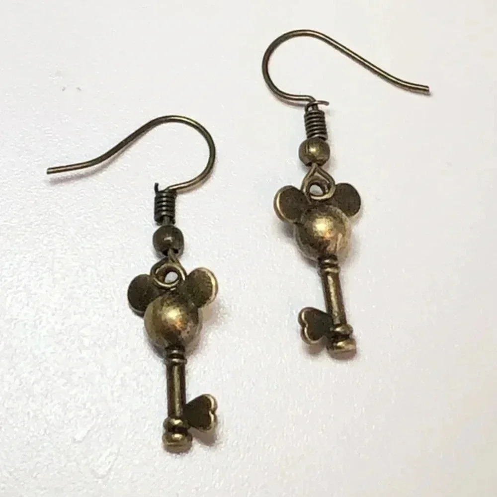 Bronze Mickey Mouse Key Disney Handmade Drop Earrings
